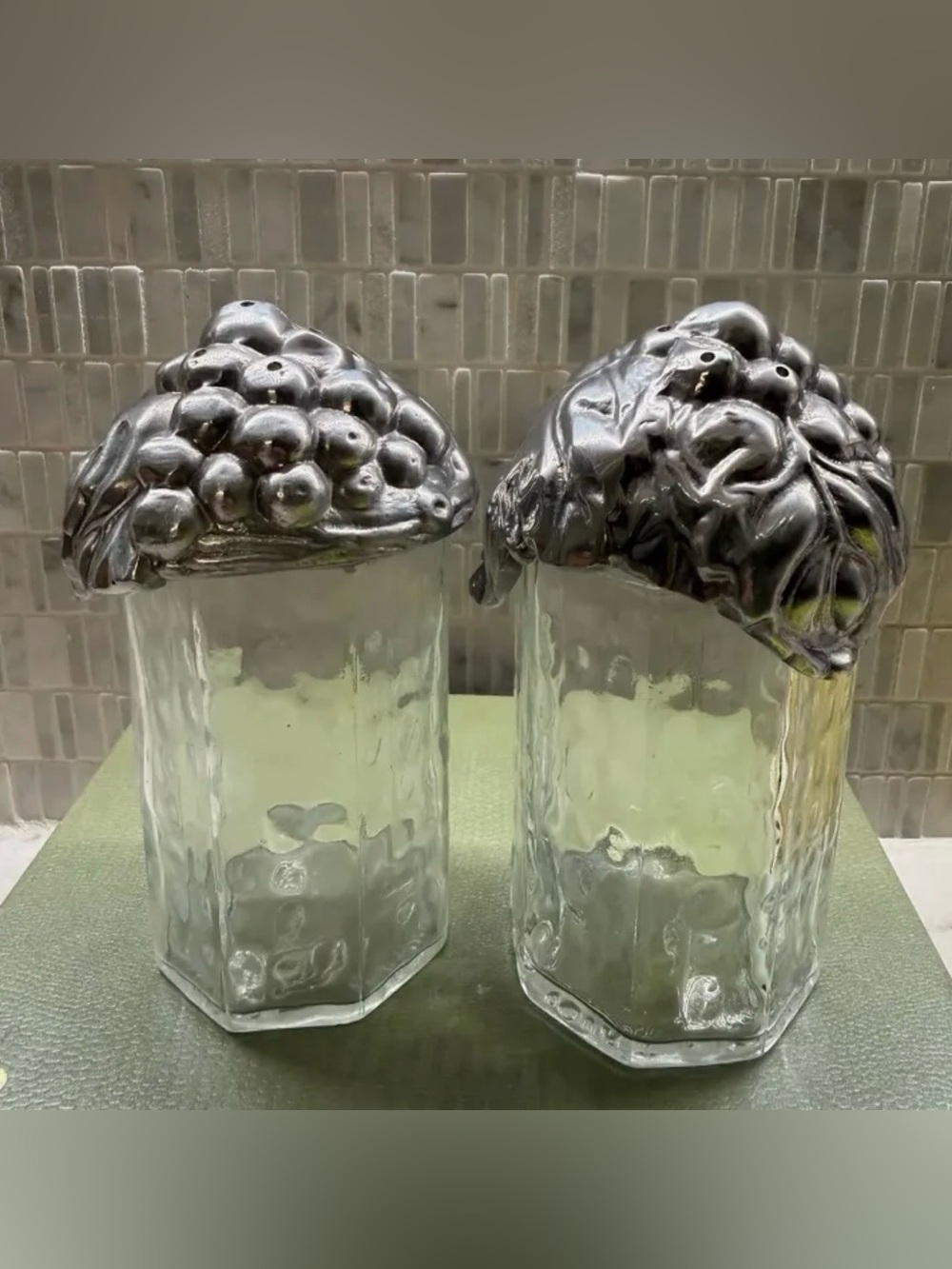 Arthur Court Grape pattern pewter/glass salt and pepper shakers & p.towel holder